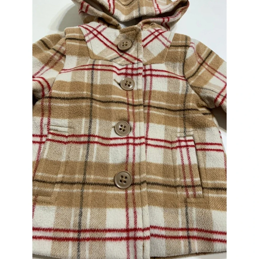 Old Navy VTG Pea Coat Plaid‎ Hooded Button Front Pockets Tan 6-12 months